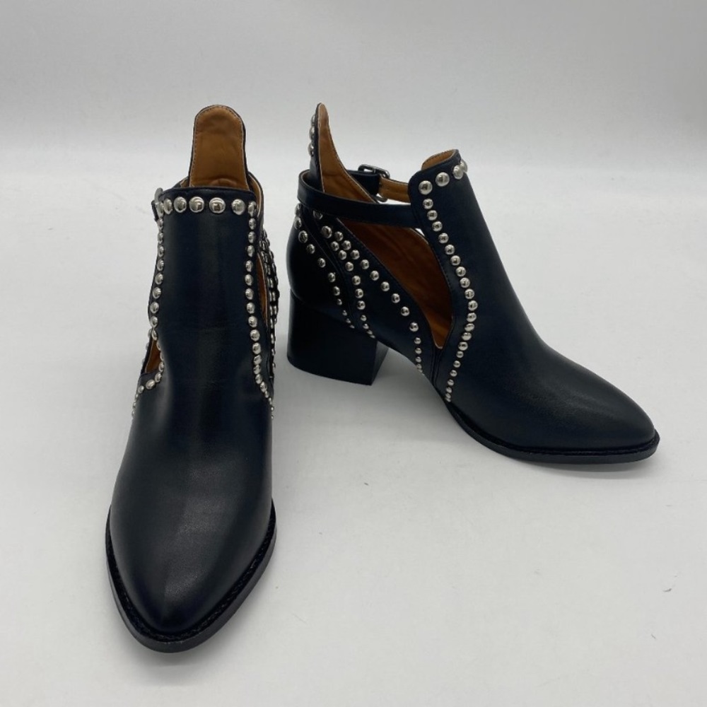 FSJ black pointed toe cut out Chelsea studded chunky heel ankle boot
